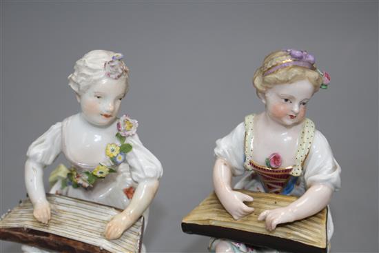 An 18th century Meissen figure of a girl playing a zither and a 19th century Meissen figure of a girl playing a zither, 12cm and 12.4cm